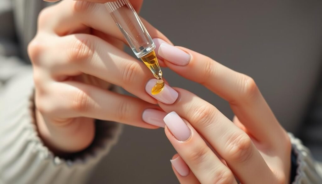 Person applying cuticle oil to maintain acrylic overlay nails