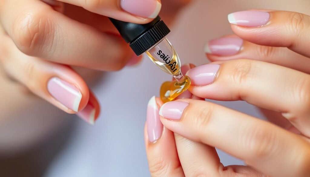 Person applying cuticle oil to maintain french tip acrylic nails