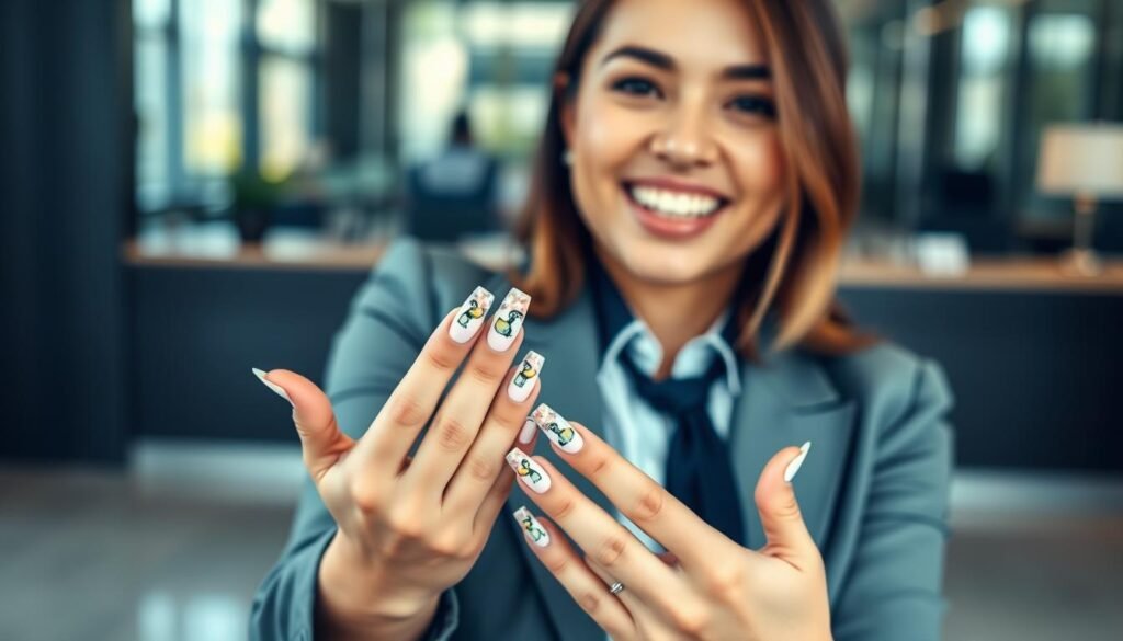 Person confidently showing off their elaborate duck nails acrylic design