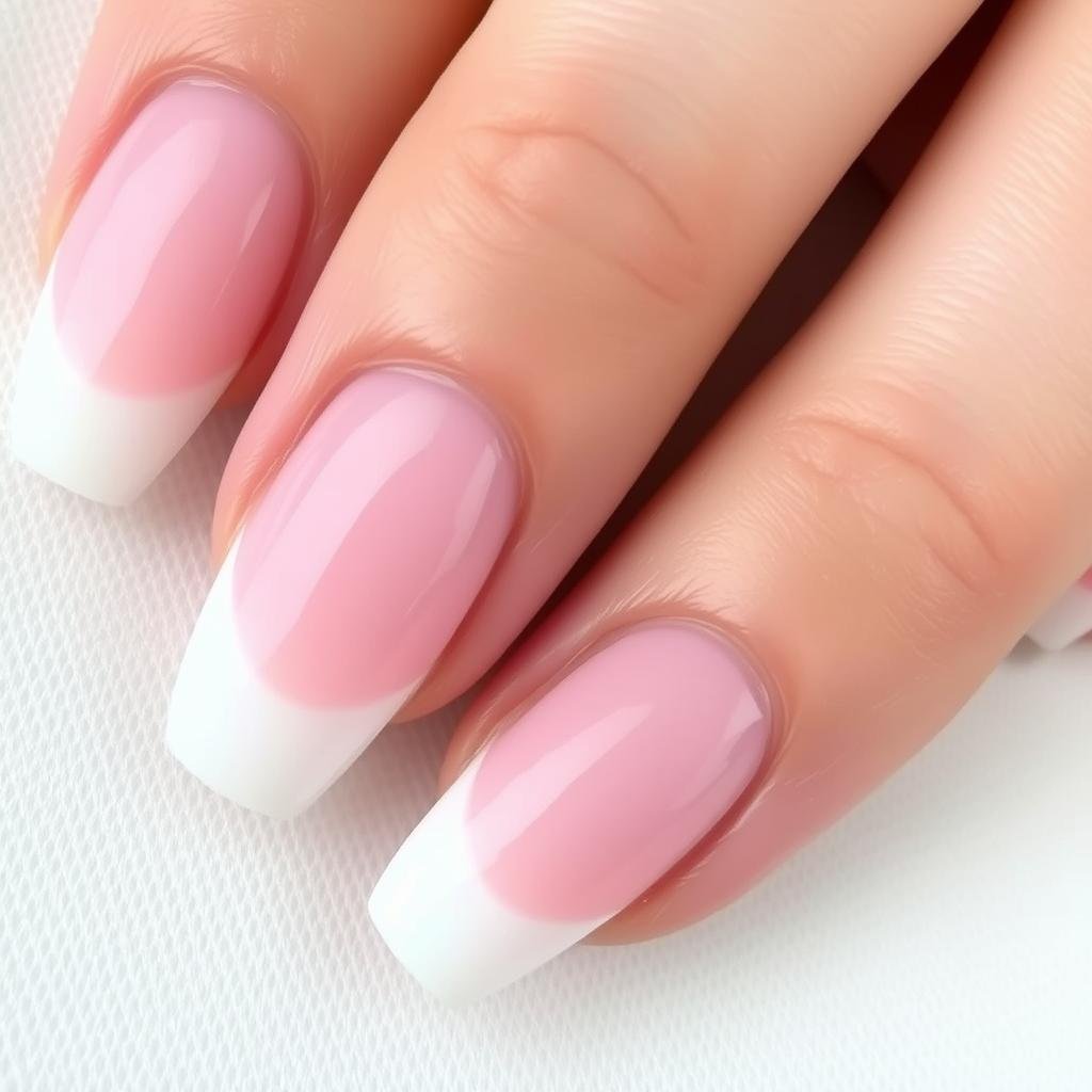 Pink French tip acrylic nails with white base
