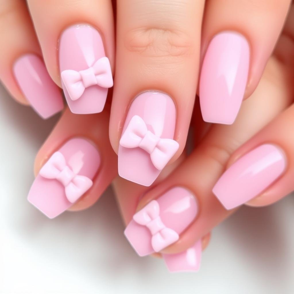 Pink acrylic nails with 3D bow embellishments