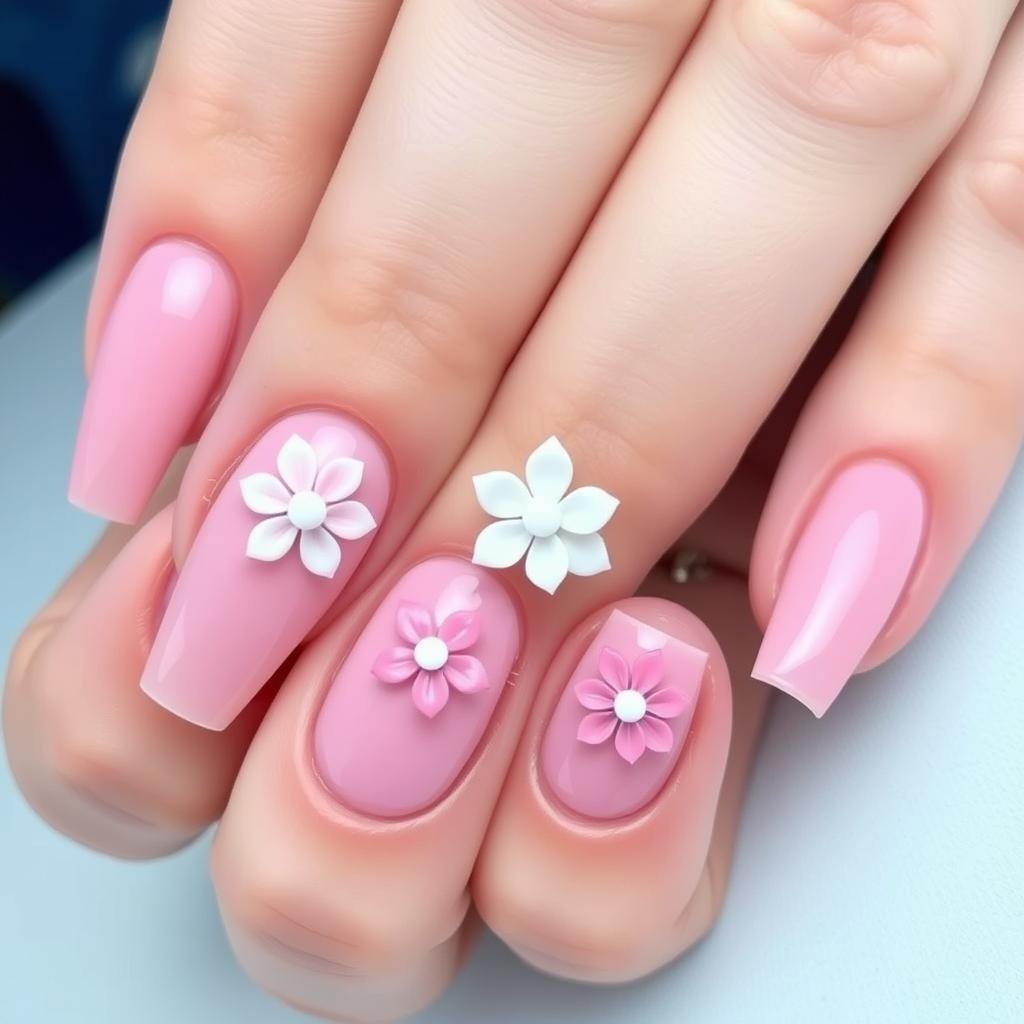 Pink acrylic nails with 3D flower embellishments