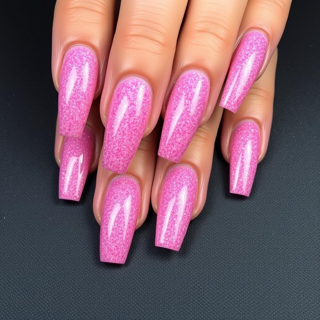 Pink acrylic nails with full glitter coverage