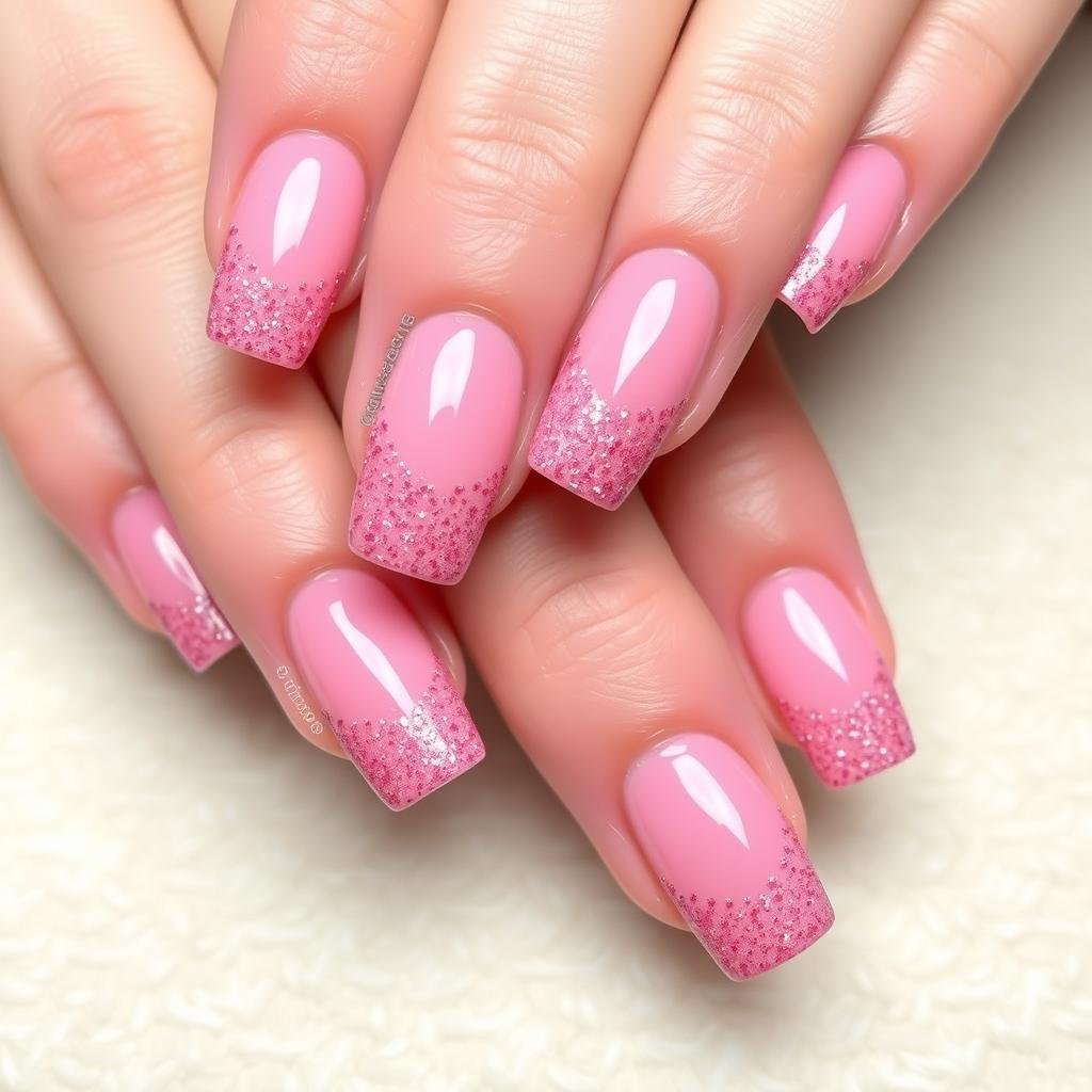 Pink acrylic nails with glitter ombre effect