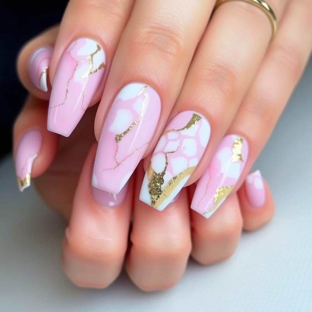 Pink acrylic nails with marble effect and gold foil
