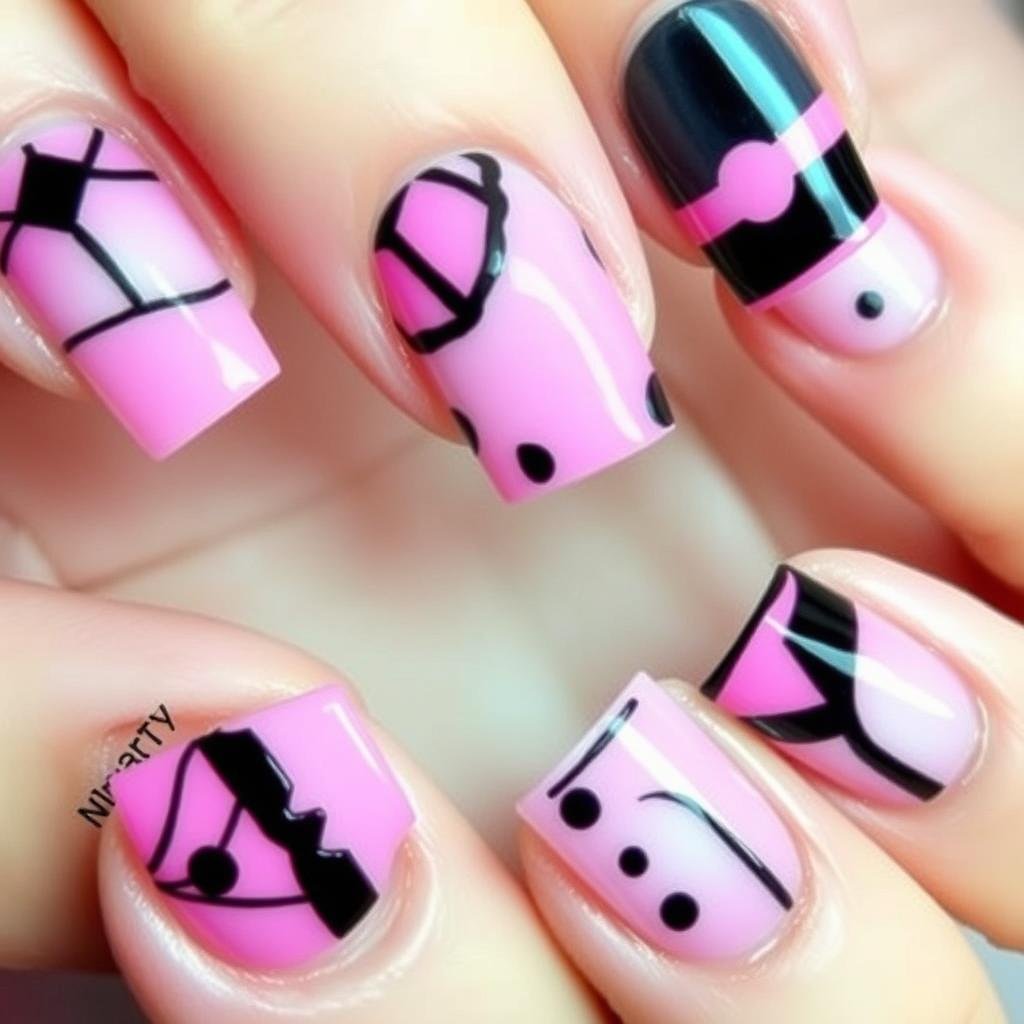 Pink and black square acrylic nail design