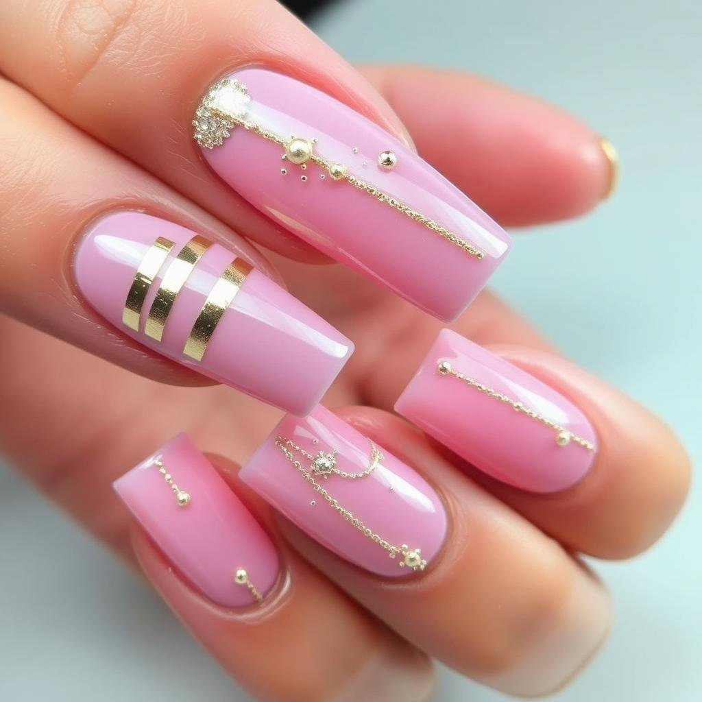 Pink and gold square acrylic nail design