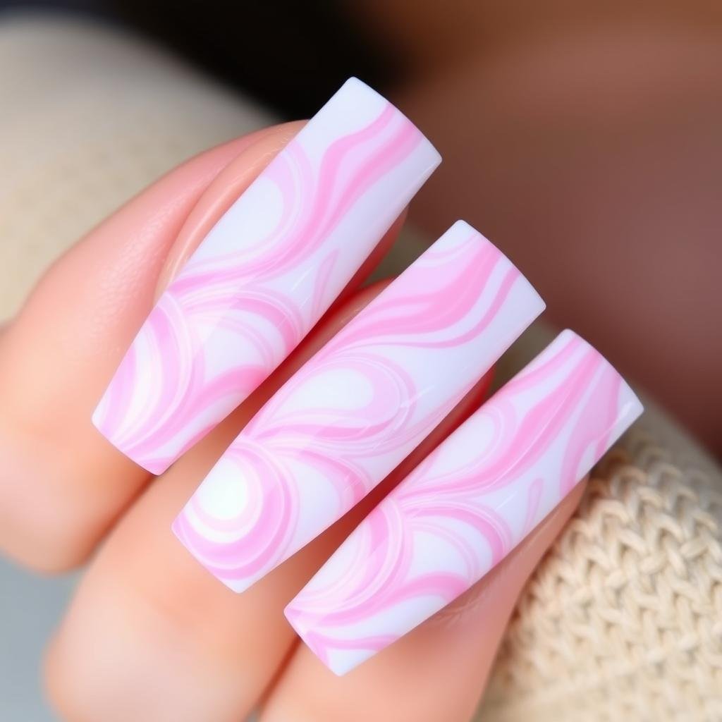 Pink and white swirl acrylic nail design
