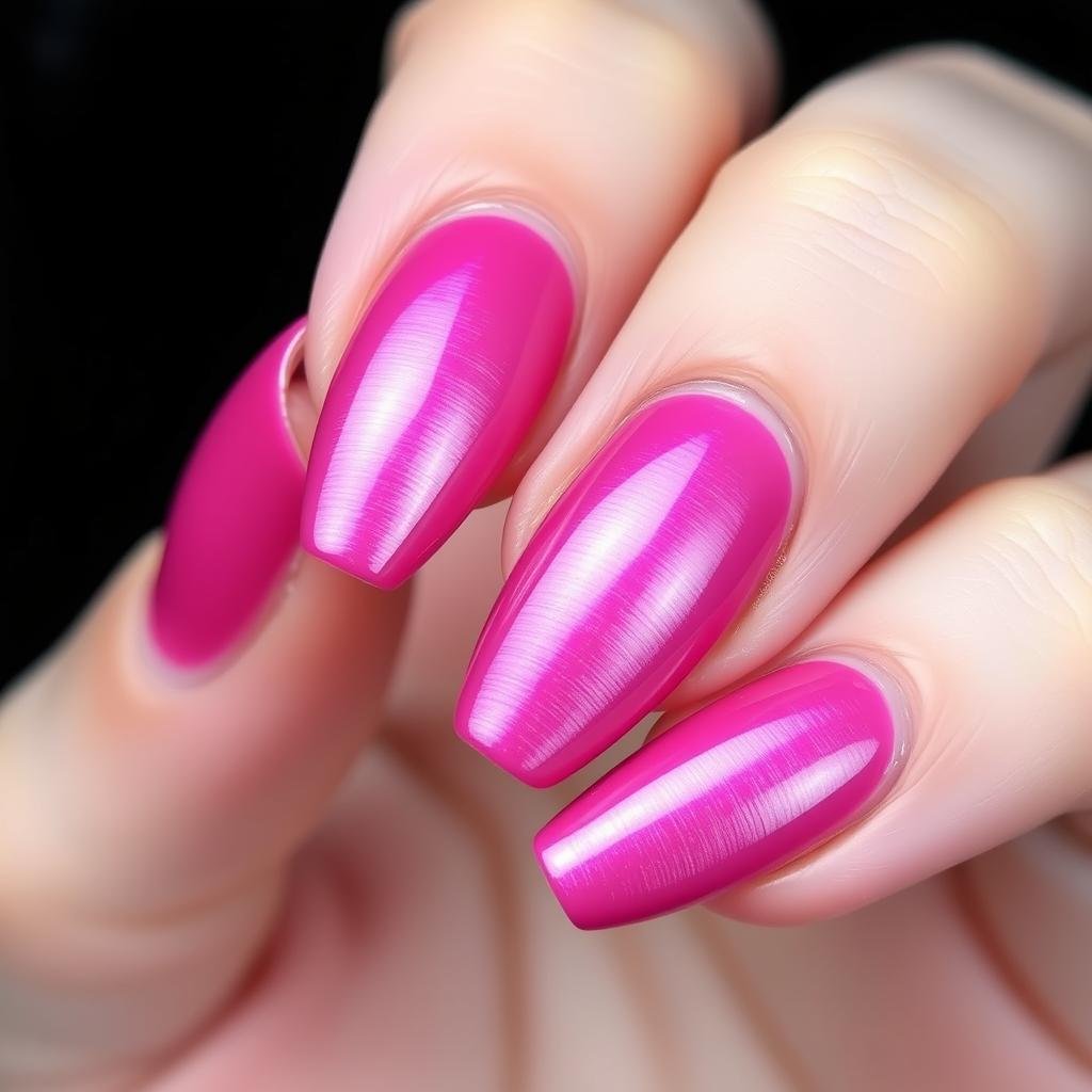 Pink cat eye acrylic nails with magnetic effect