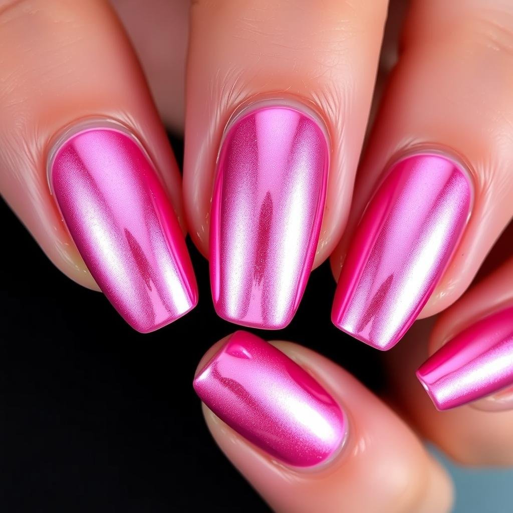Pink chrome acrylic nails with metallic finish