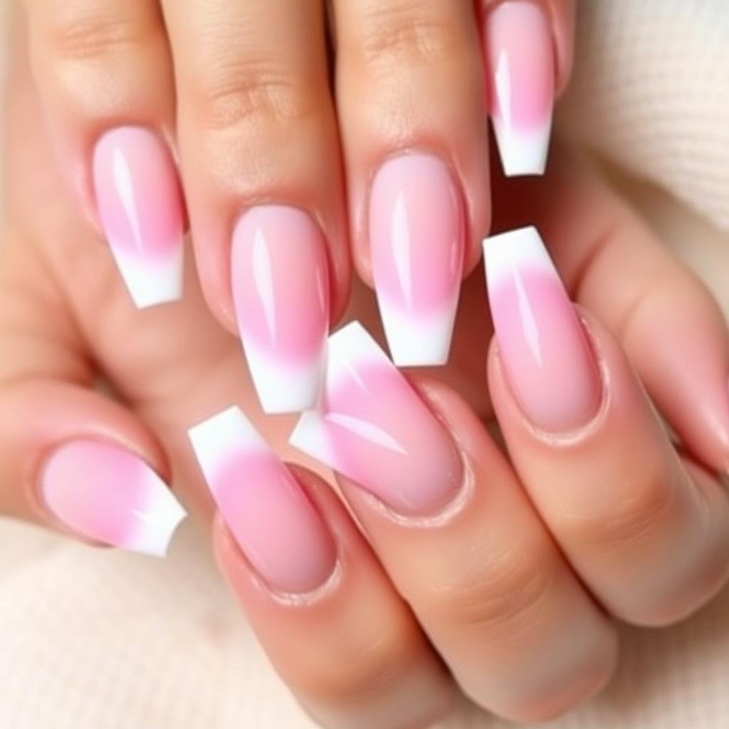 Pink ombre acrylic nails with white tips