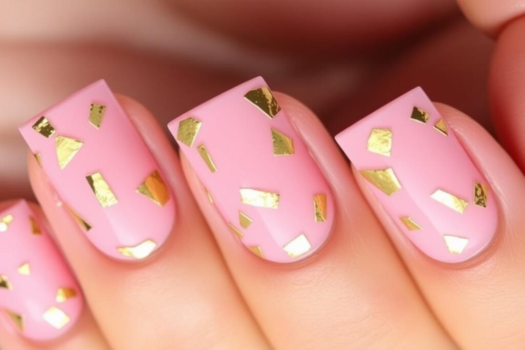 Pink square acrylic nails with gold foil accents