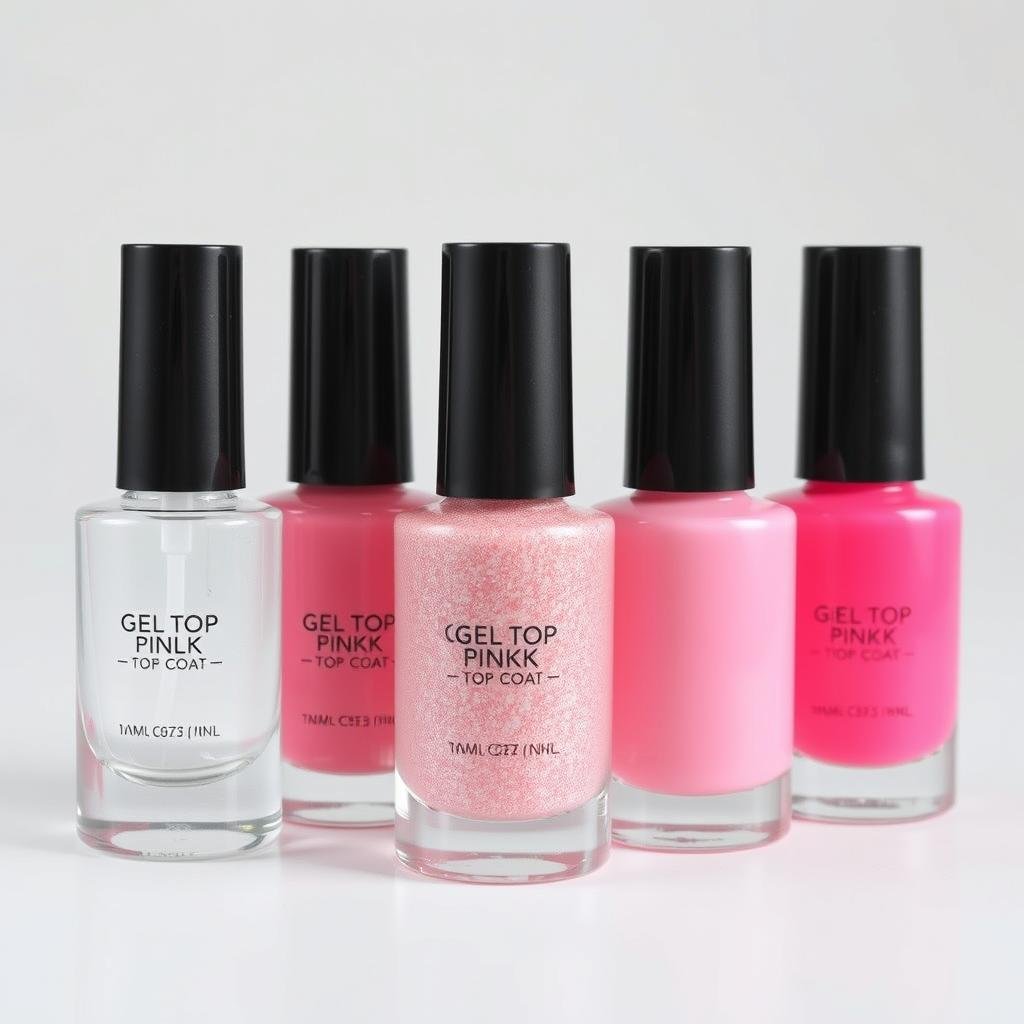 Pink-tinted gel top coat bottles with different finishes