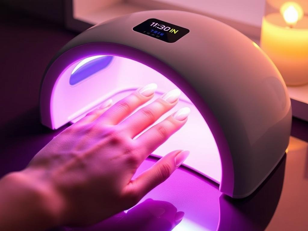 Professional UV/LED nail lamp for curing gel polish on long almond acrylic nails