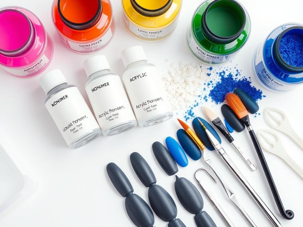 Professional acrylic nail kit with monomer, powders, and tools for long almond nails