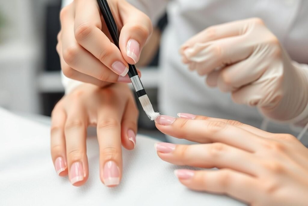 Professional applying acrylic overlay to natural nails