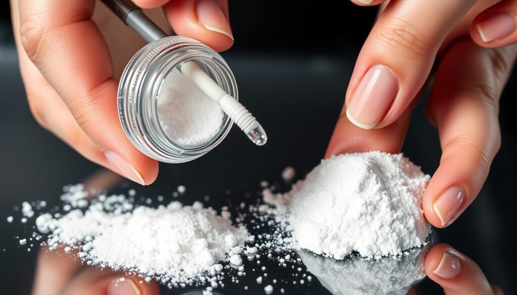 Professional applying clear acrylic to nail tips Professional applying clear acrylic to nail tips