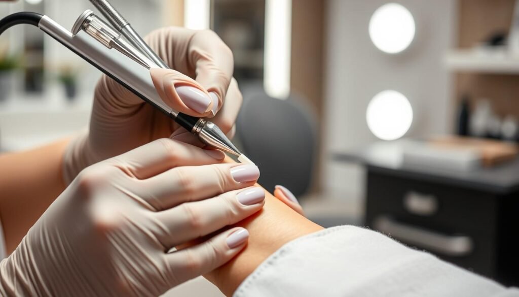 Professional nail technician applying acrylic to create classy nail design