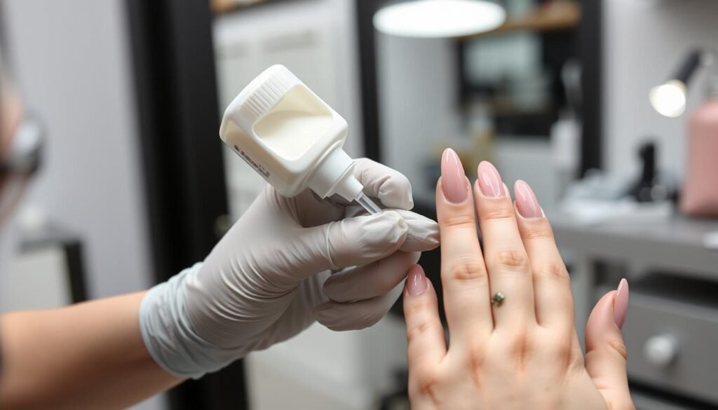 Professional nail technician applying acrylic to create long almond nails