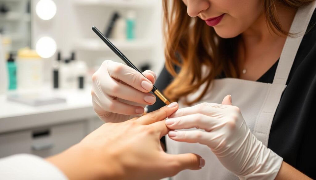 Professional nail technician applying acrylic to create natural looking nails