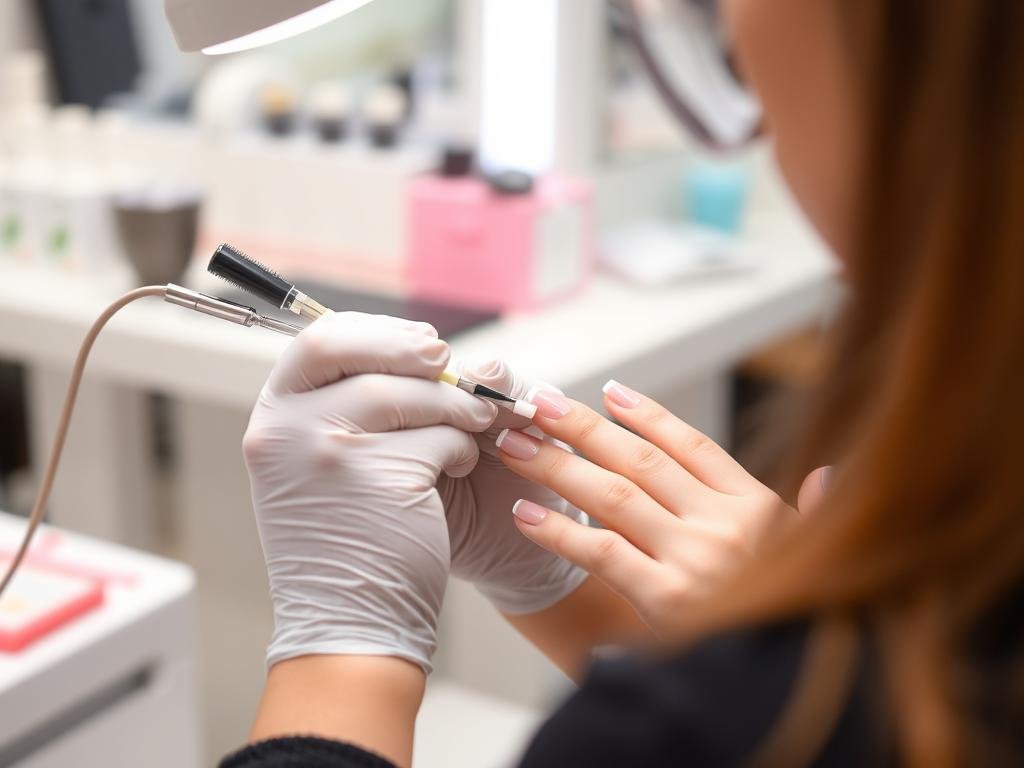 Professional nail technician applying short square acrylic nails with French tips