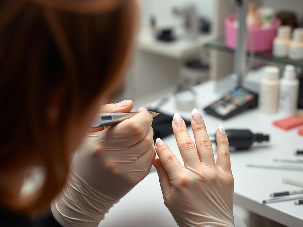 Professional nail technician creating french tip acrylic nails almond shape