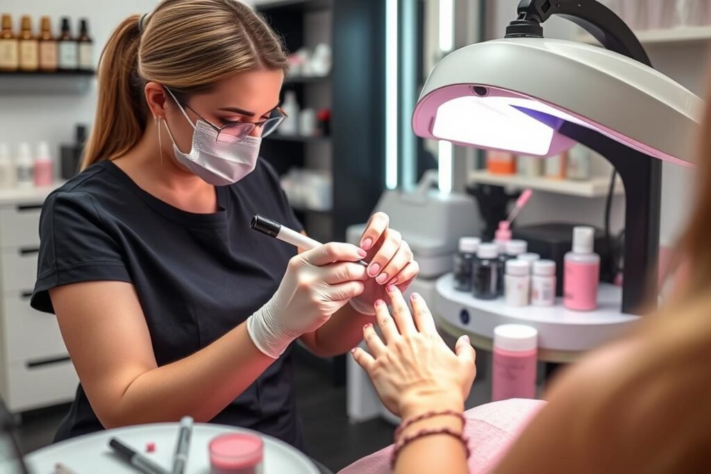 Professional salon application of pink acrylic nails