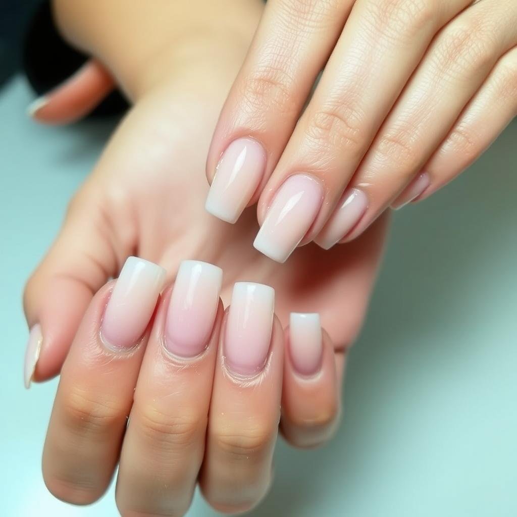 Professional short square acrylic nails in neutral tones