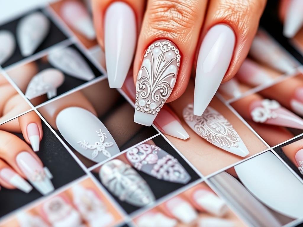 Professional white acrylic nail designs in salon portfolio
