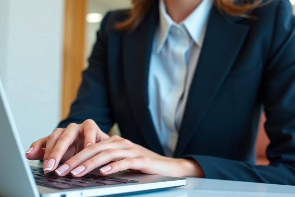 Professional woman with short square acrylic nails with French tips in office setting