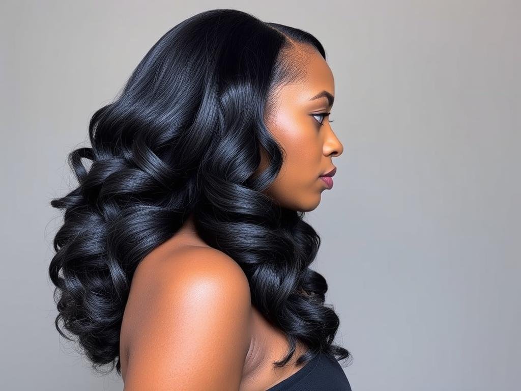 Profile view of a water wave human hair wig showing the flowing curl pattern