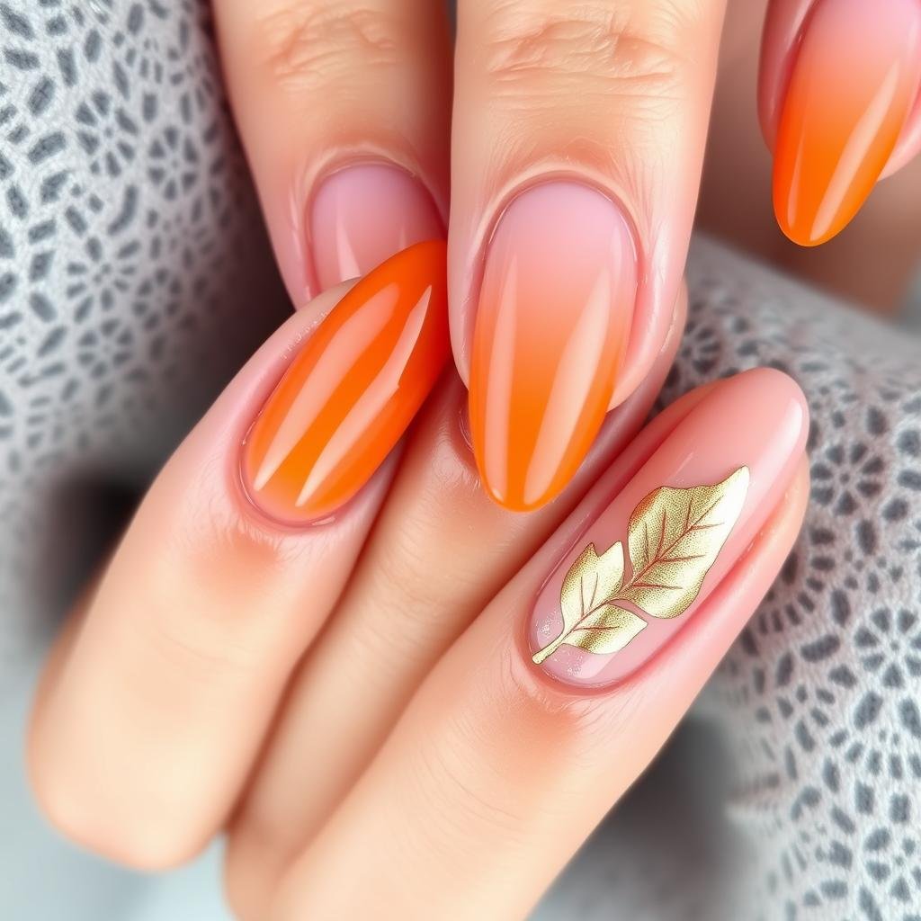 Pumpkin spice ombre acrylic nails with leaf design
