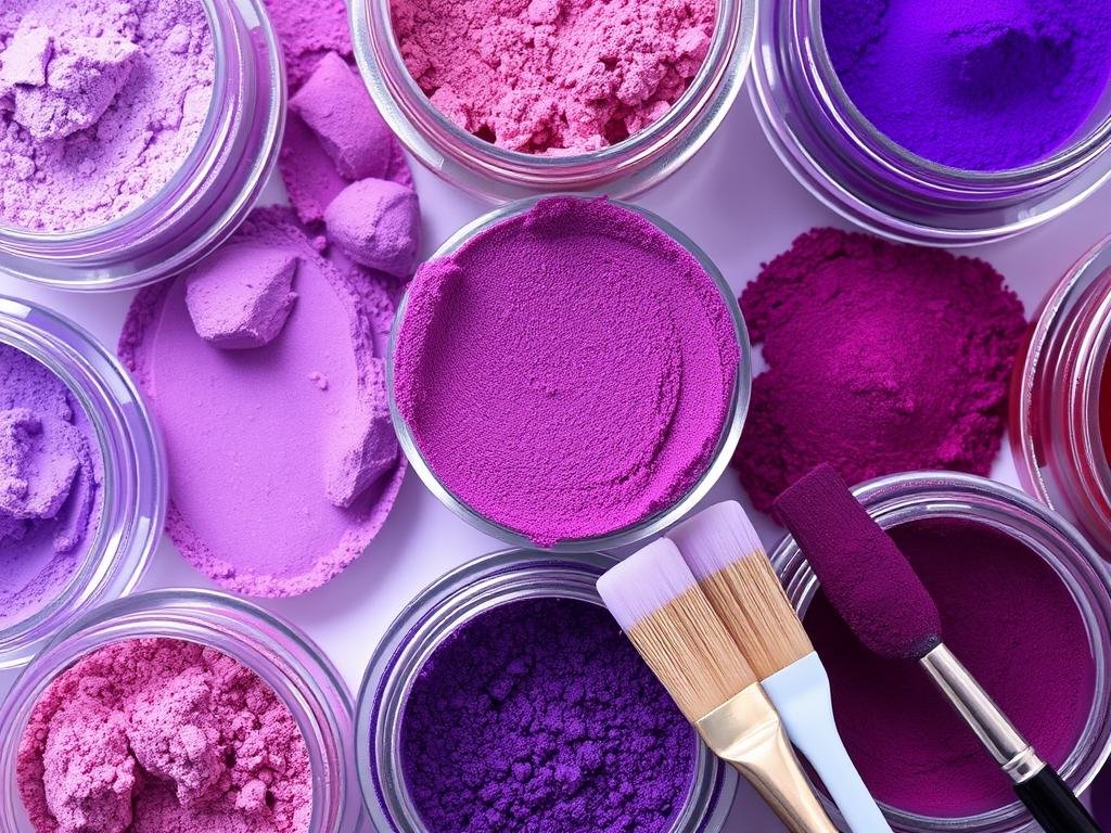 Purple acrylic powders in different shades with application tools
