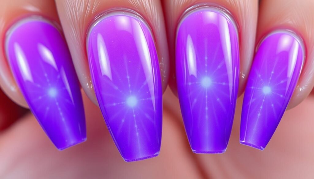 Purple aura acrylic nails with ethereal gradient effect