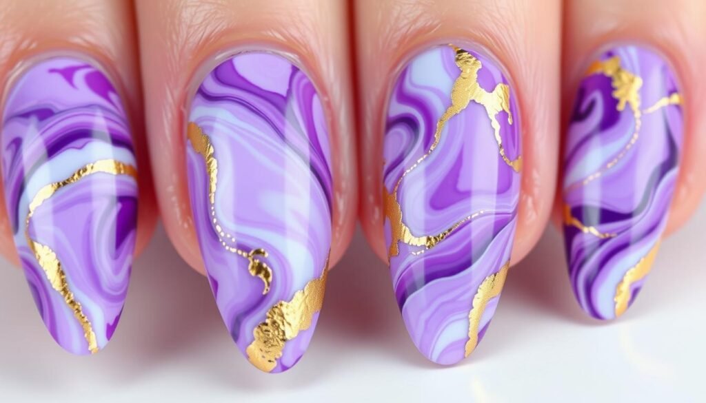 Purple marble acrylic nails with white swirls and gold accents