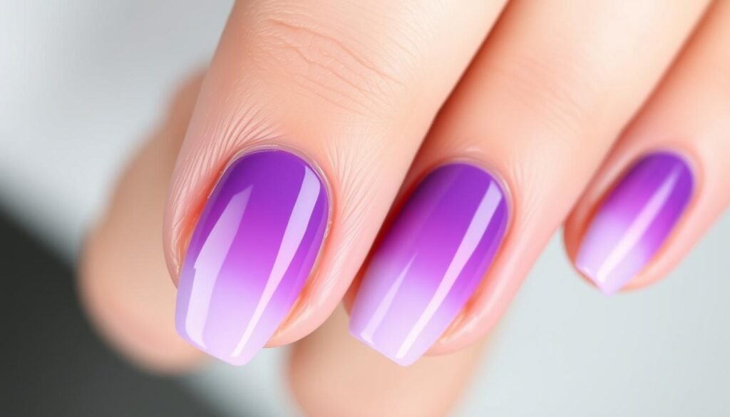 Purple ombre acrylic nails transitioning from light lavender to deep purple
