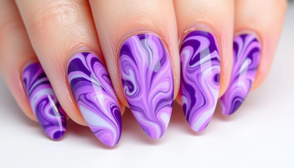 Purple swirl acrylic nails with fluid art design