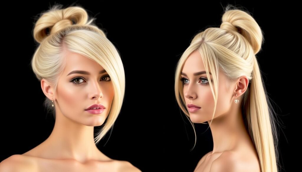 Quick styling variations for honey blonde wigs demonstrated on models