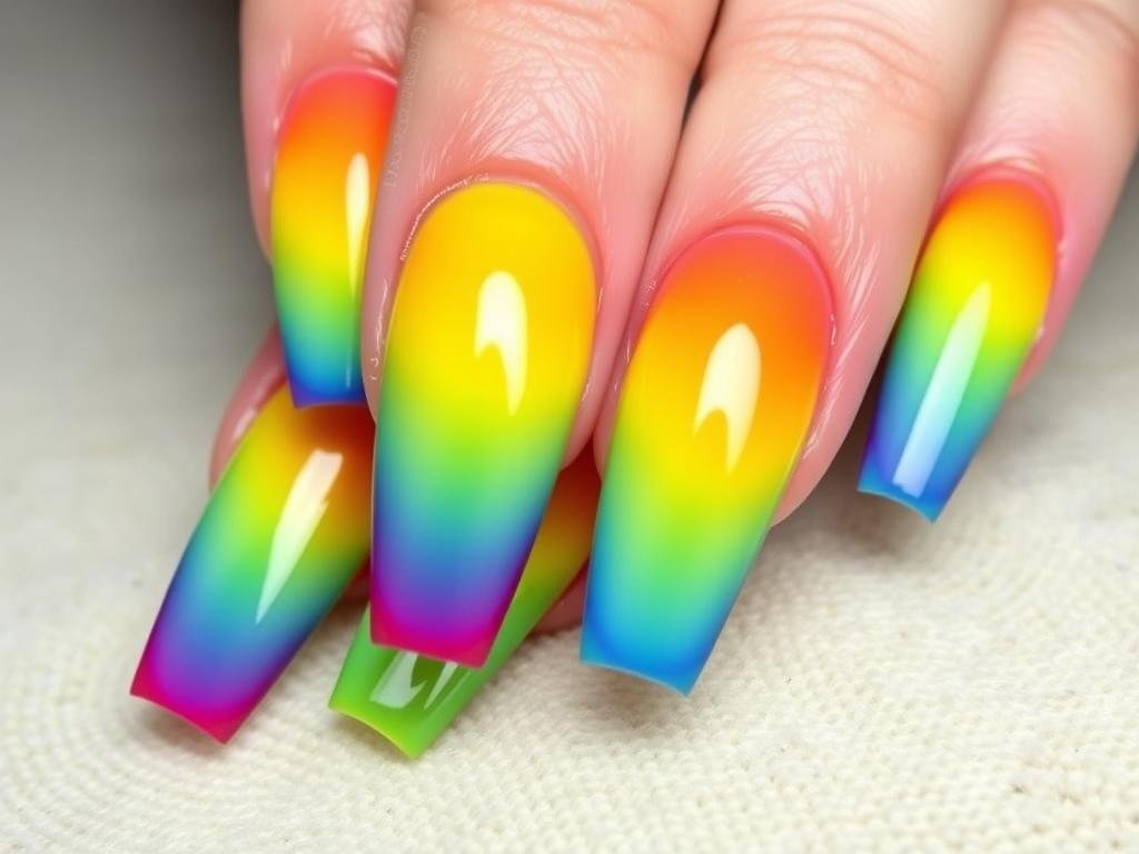 Rainbow ombre acrylic nails with multicolor gradient