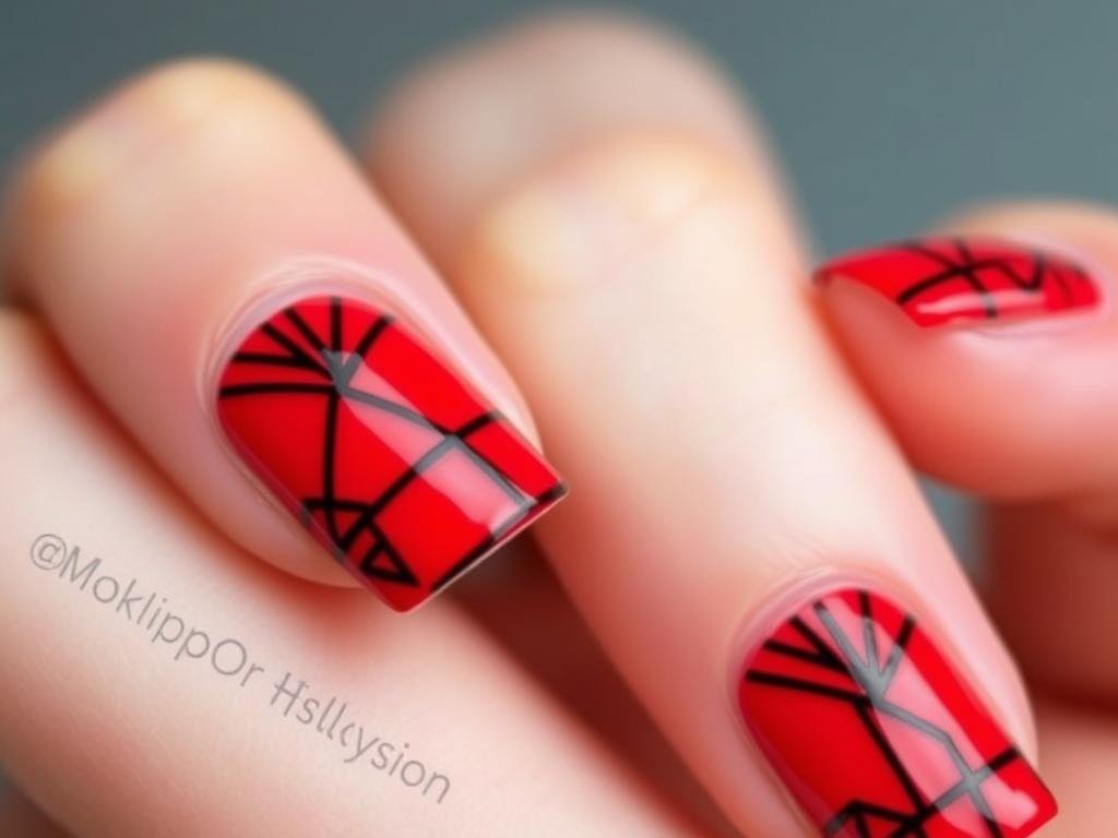Red square acrylic nails with geometric patterns and line art