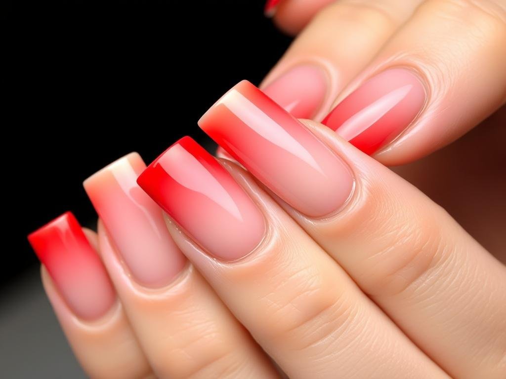 Red square acrylic nails with ombre effect transitioning from nude to red
