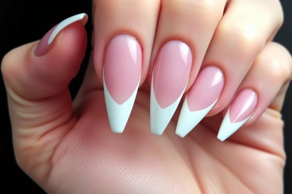 Reverse french tip acrylic nails with white half-moon design at the cuticle