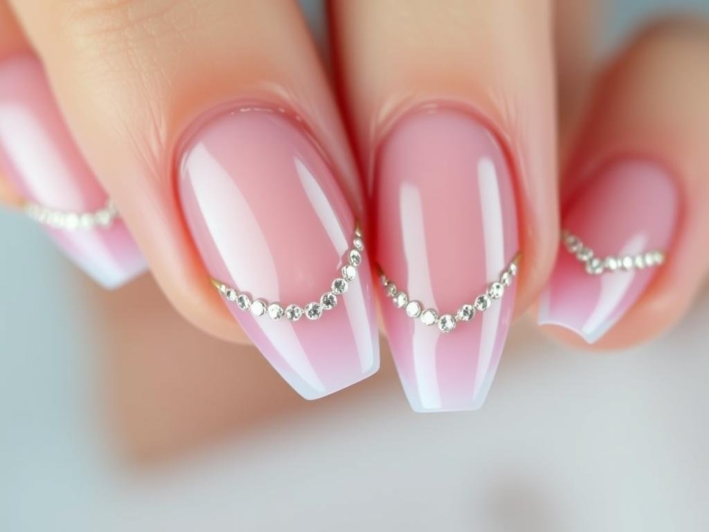 Rhinestone french tip acrylic nails with design