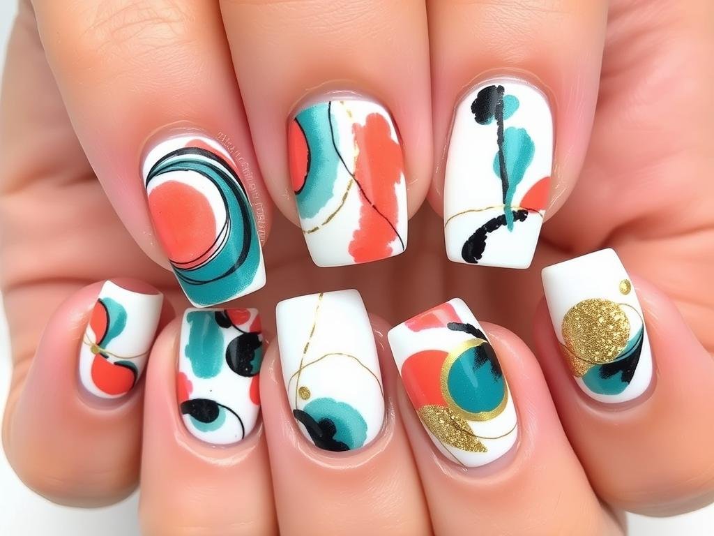 Rounded square acrylic nails with abstract art designs in bold colors