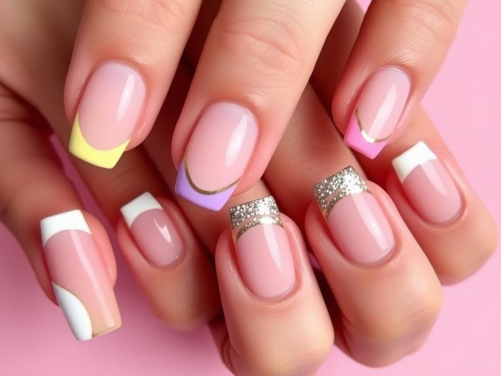 Rounded square acrylic nails with colorful French tip variations