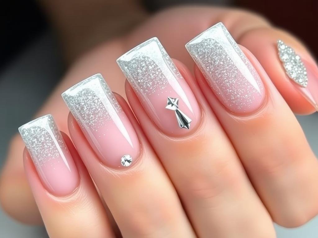 Rounded square acrylic nails with glitter ombre and rhinestone embellishments