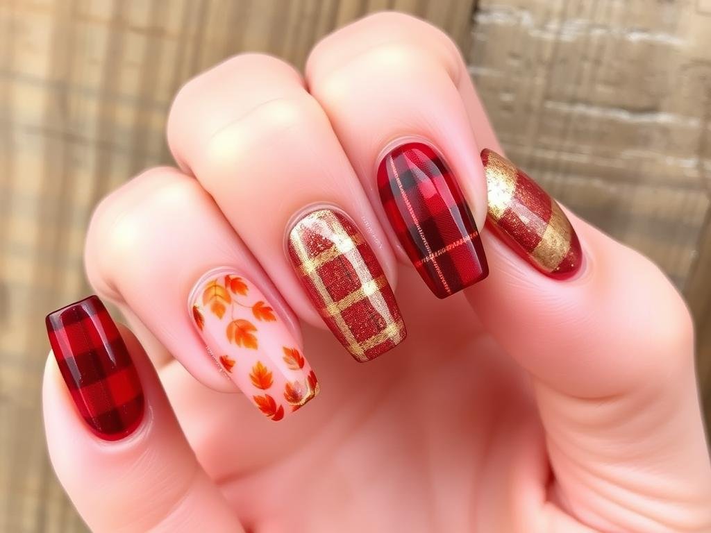 Rounded square acrylic nails with seasonal designs for fall including earth tones and leaf patterns