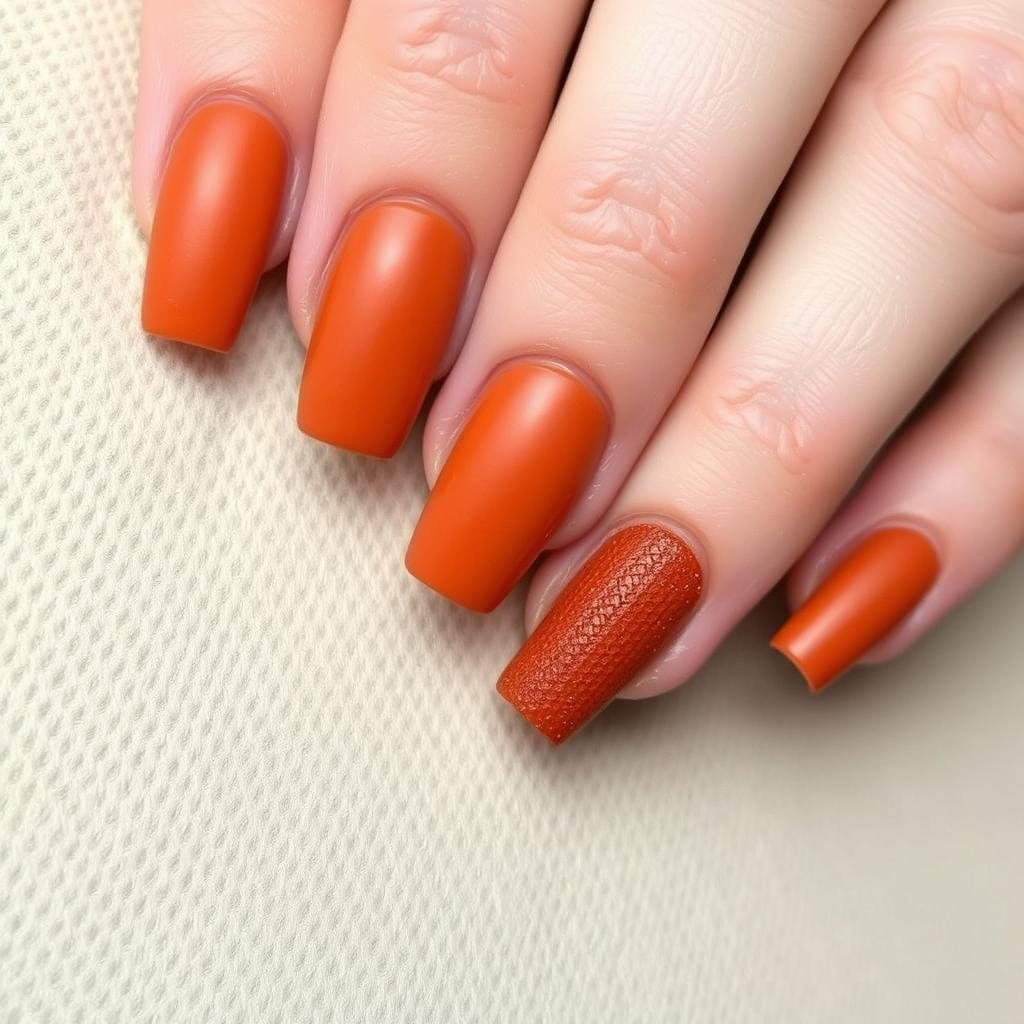 Rust orange acrylic nails with sweater texture design