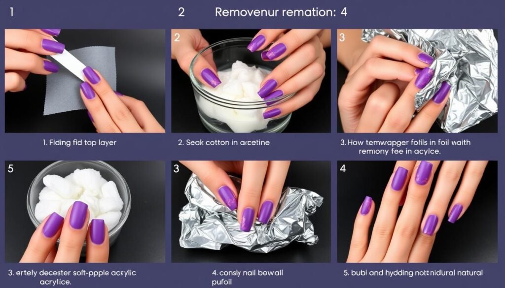 Safe removal process for purple acrylic nails using acetone soak method