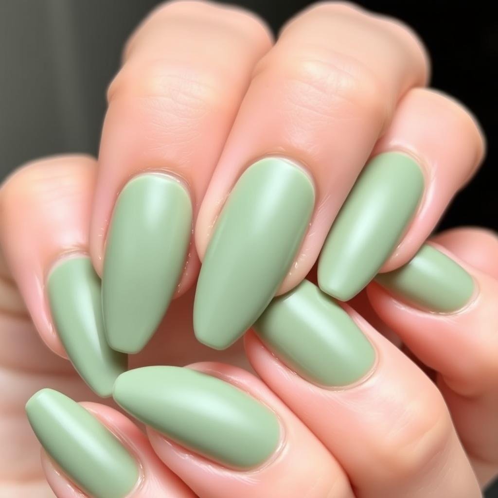 Sage green acrylic nails with matte finish on almond-shaped nails